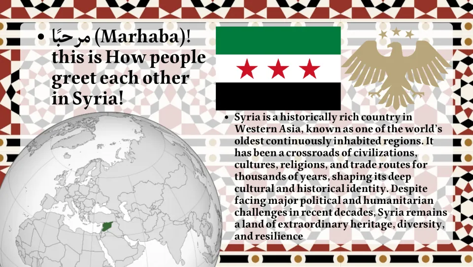 Syria overview: Marhaba greeting, the Syrian flag, a globe with Syria highlighted and text on its ancient history