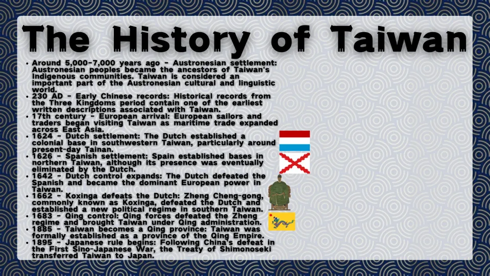 First Taiwan history slide tracing Austronesian settlement, European arrivals, Qing rule, and transfer to Japan