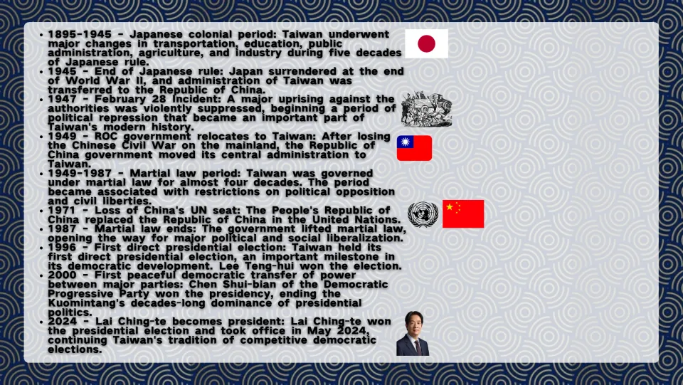 Second Taiwan history slide covering Japanese rule, martial law, democratic elections, and Lai Ching-te in 2024
