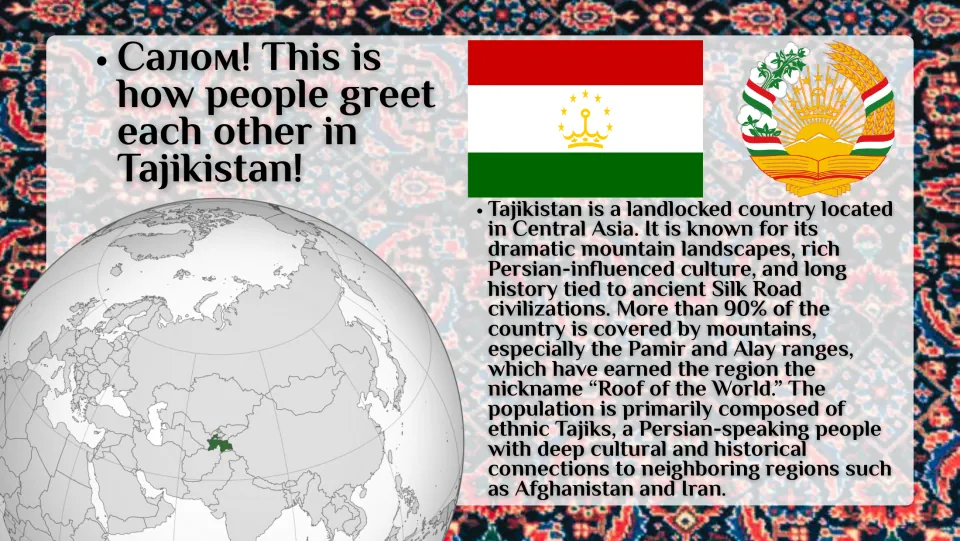 Country overview slide locating Tajikistan in Central Asia and introducing its mountains and Tajik people