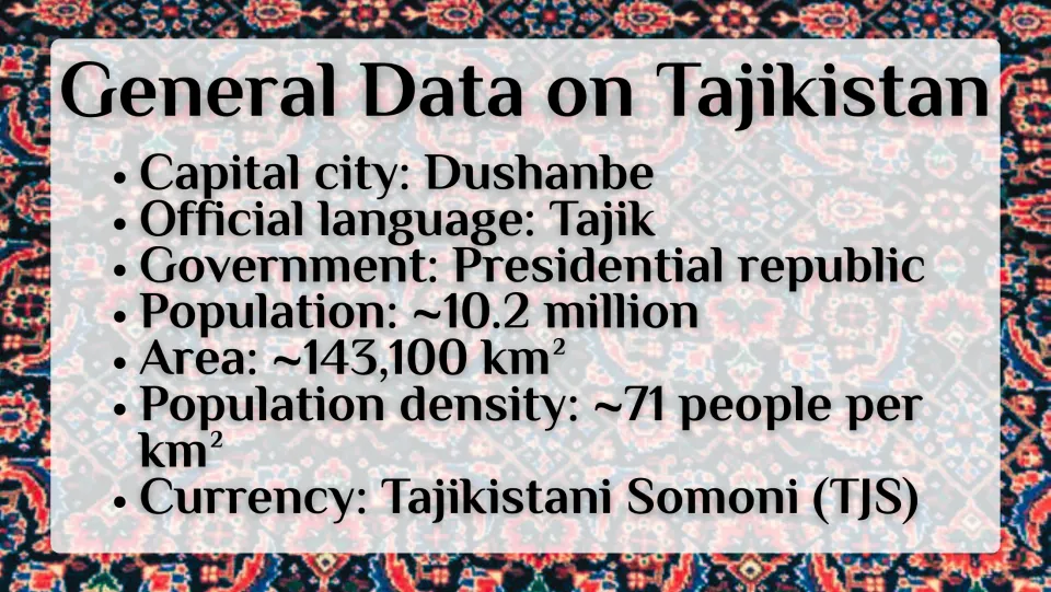 General data slide listing Dushanbe, Tajik, presidential republic, population, area, density, and currency