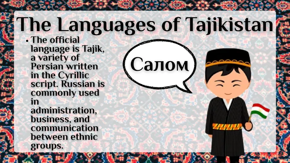 Language slide explaining Tajik as a variety of Persian written in Cyrillic and describing Russian usage