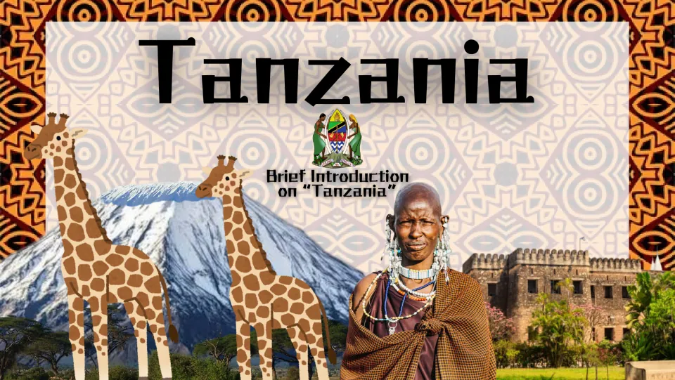 Country-study presentation cover introducing Tanzania, with Mount Kilimanjaro and the national coat of arms