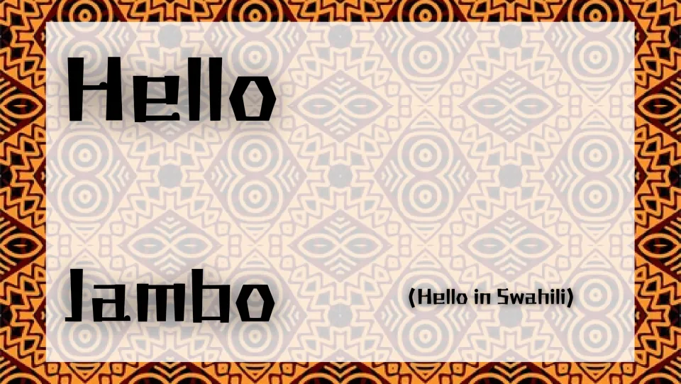 Greeting slide introducing the English word Hello and the Swahili word Jambo, labeled Hello in Swahili