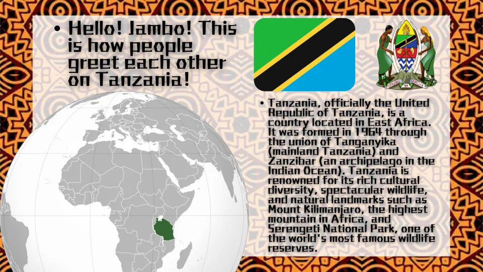 Introduction slide locating Tanzania in East Africa and explaining the 1964 union of Tanganyika and Zanzibar