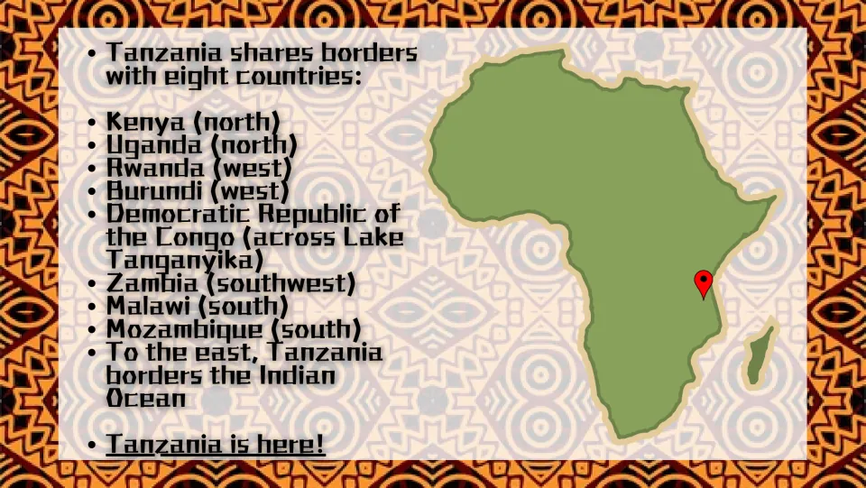Location slide listing Tanzania’s eight neighboring countries and Indian Ocean border, with an Africa map