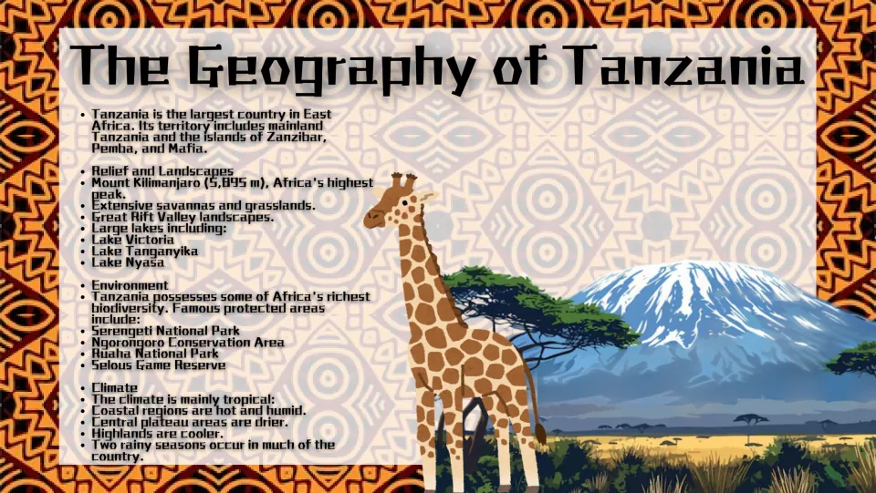 Geography slide covering Tanzania’s islands, Mount Kilimanjaro, major lakes, protected areas, and climate