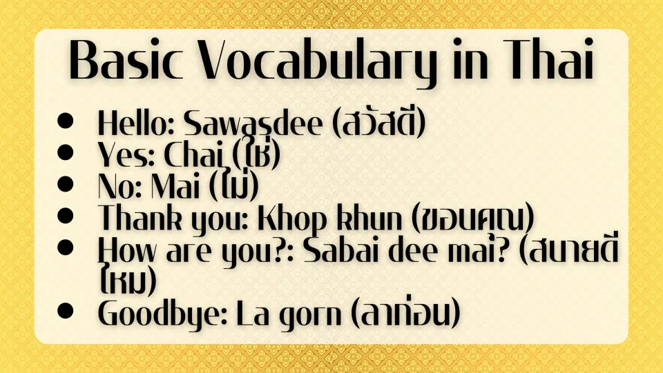 Basic Vocabulary in Thai: hello, yes, no, thank you, how are you and goodbye, each with romanized and Thai script forms