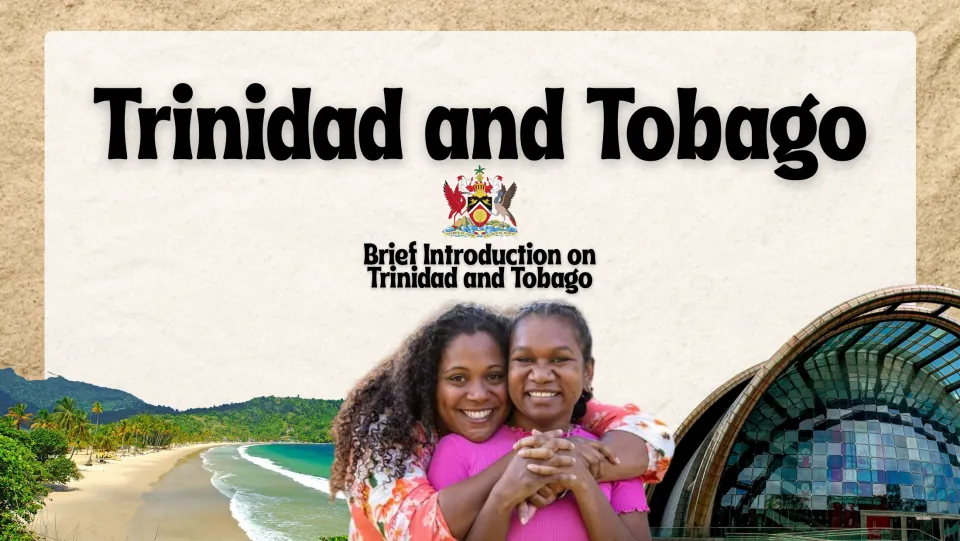Country study presentation cover introducing Trinidad and Tobago, with its coat of arms and beach imagery