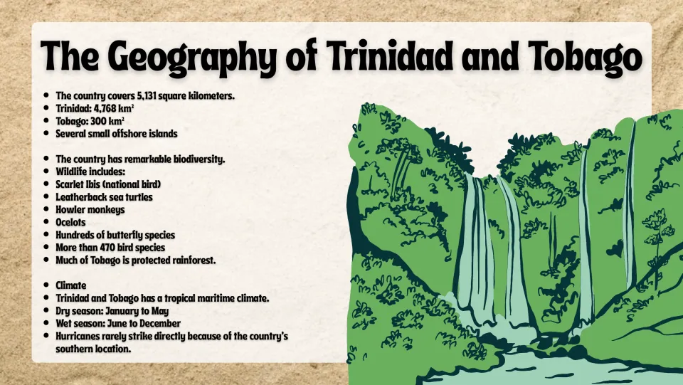 Geography slide covering island areas, scarlet ibis and other wildlife, rainforest, and wet and dry seasons