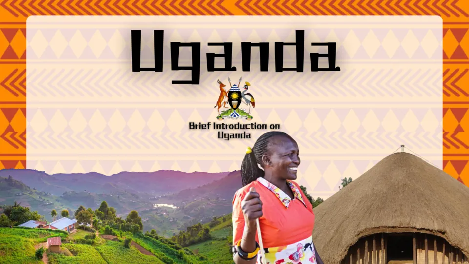 Uganda presentation cover introducing the country with its coat of arms, landscape, woman, and thatched building