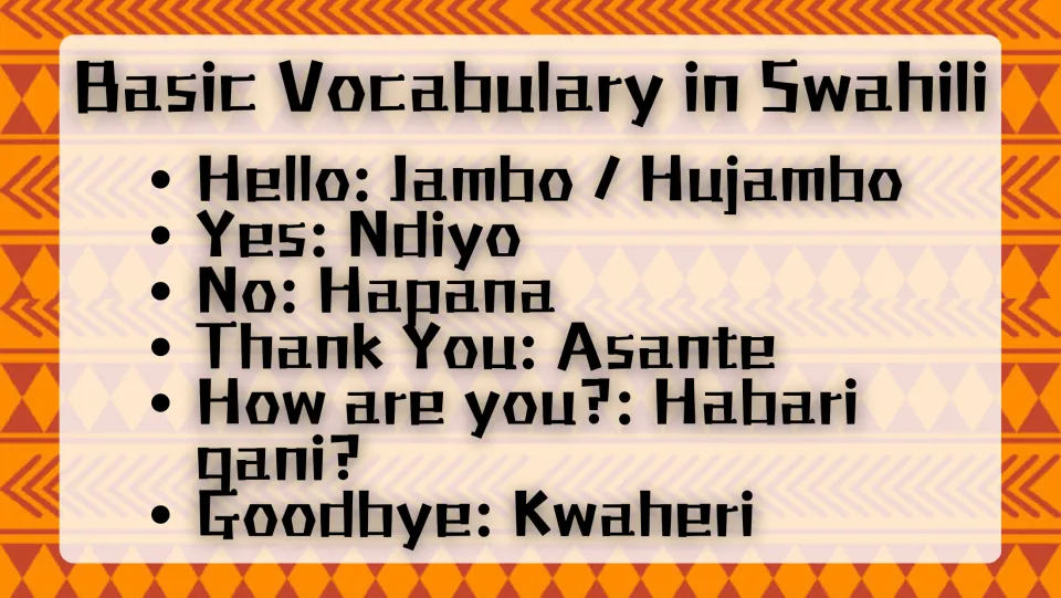 Swahili vocabulary slide translating hello, yes, no, thank you, how are you, and goodbye, including Asante (thank you)