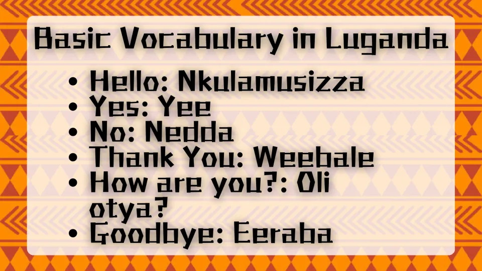 Luganda vocabulary slide translating hello, yes, no, thank you, how are you, and goodbye, including Yee (yes)