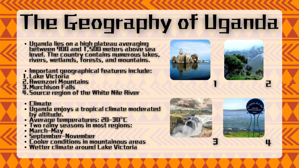 Geography slide covering Uganda's plateau, Lake Victoria, Rwenzori Mountains, Murchison Falls, White Nile, and climate