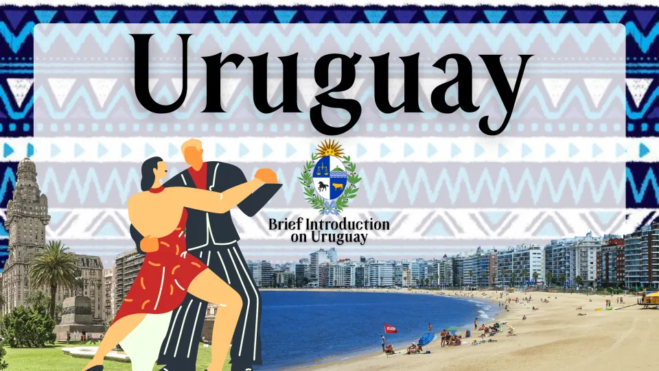 Uruguay presentation cover introducing the country with its coat of arms and photos of city and coastal scenery
