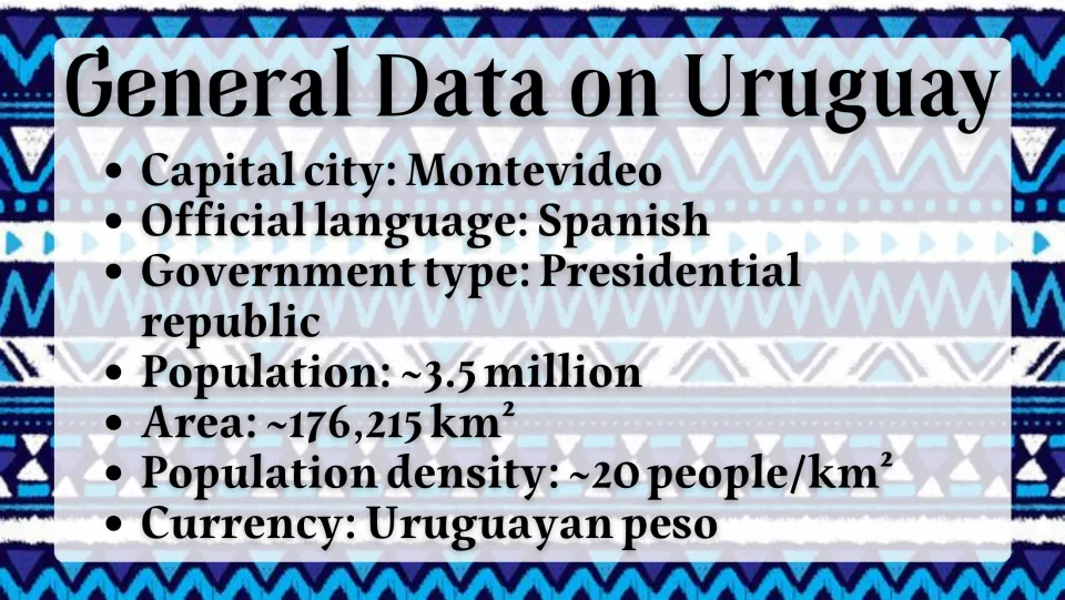 General facts slide listing Montevideo, Spanish, government, population, area, density, and currency