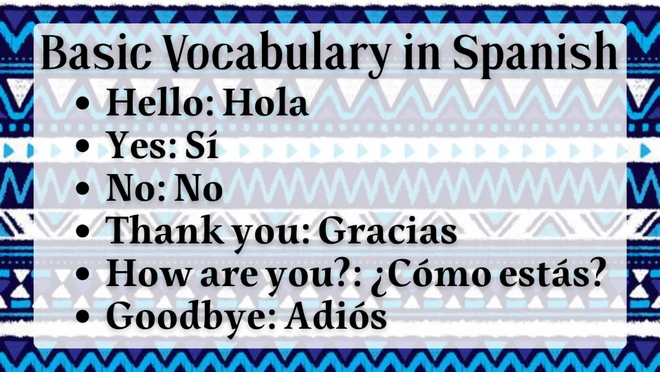 Spanish vocabulary slide: Hola (Hello), Sí (Yes), No (No), Gracias (Thank you), and two more expressions