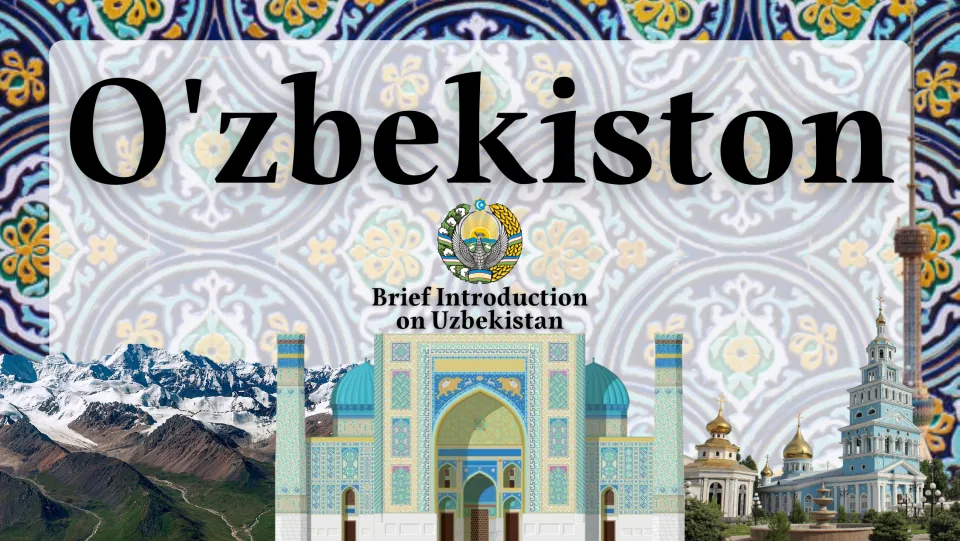 Presentation cover featuring O'zbekiston, the national emblem, and the subtitle Brief Introduction on Uzbekistan