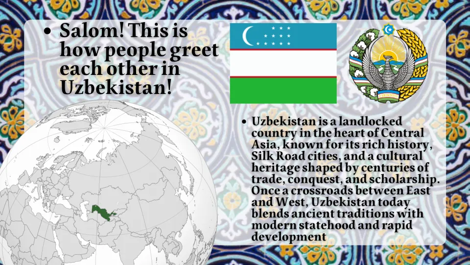 Introduction slide locating Uzbekistan in Central Asia, with its flag, emblem, and Silk Road heritage