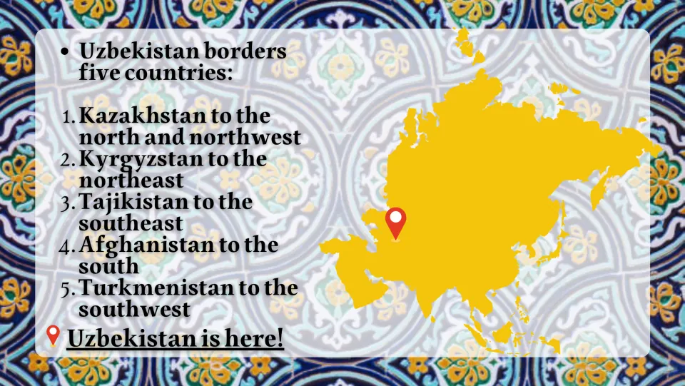 Borders slide naming Kazakhstan, Kyrgyzstan, Tajikistan, Afghanistan, and Turkmenistan beside an Asia map