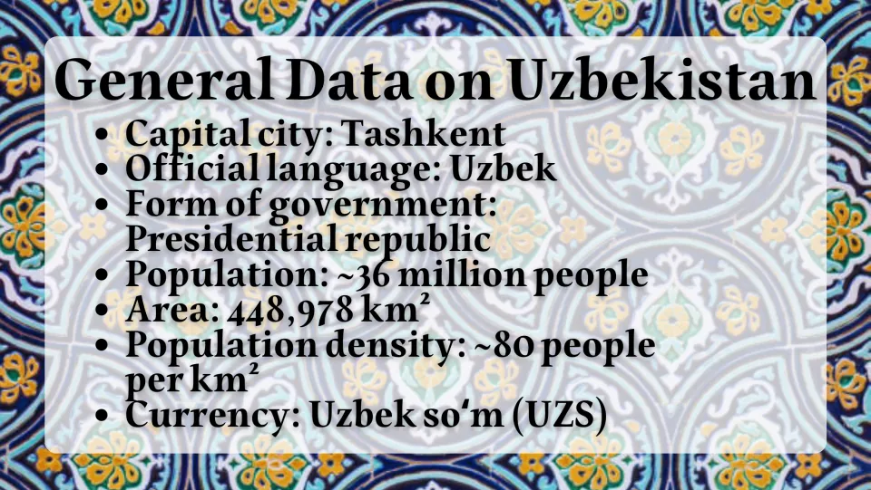 General facts slide listing Tashkent, Uzbek, presidential republic, population, area, density, and currency