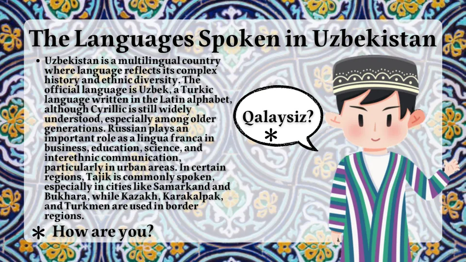 Languages slide explaining Uzbek, Russian, and regional languages, with Qalaysiz? (How are you?)