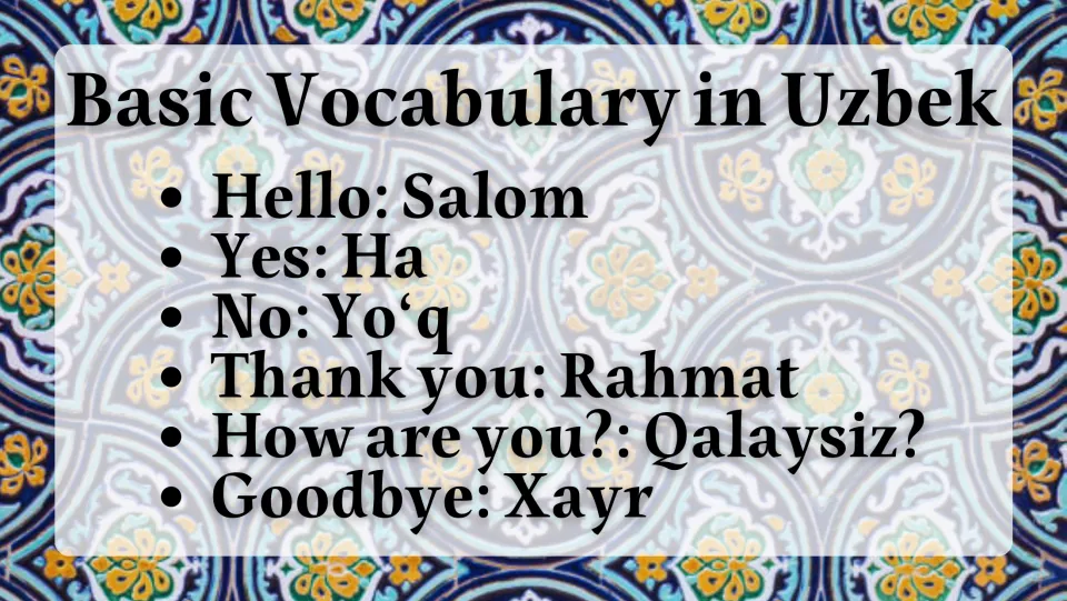 Uzbek vocabulary slide: Salom (hello), Ha (yes), Yo'q (no), Rahmat (thank you), and two more expressions