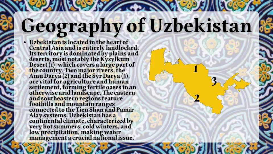 Geography slide covering the Kyzylkum Desert, Amu Darya and Syr Darya rivers, mountains, and climate
