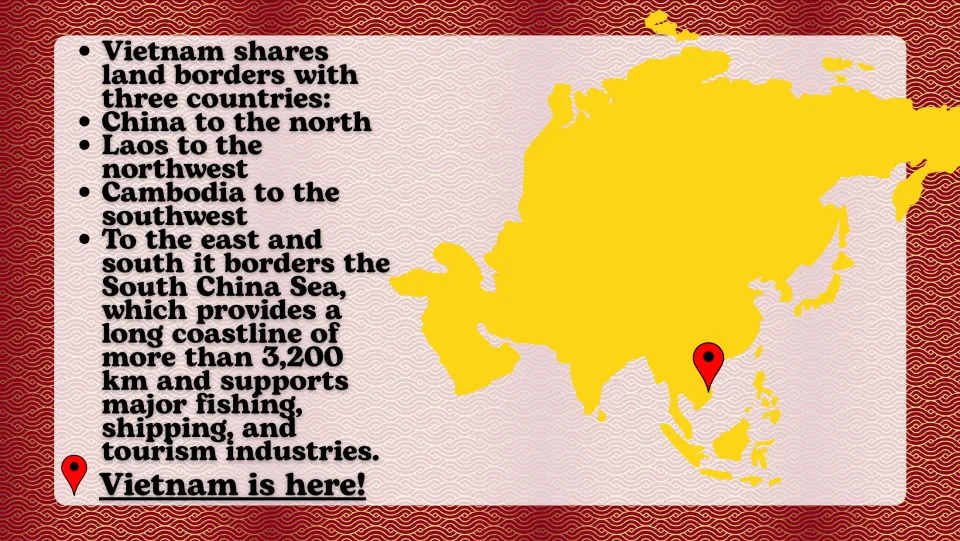 Vietnam location slide naming its neighbors China, Laos, and Cambodia, with an Asia map and coastline facts