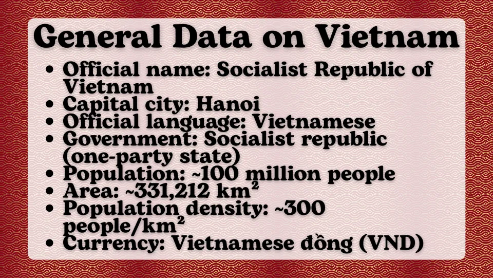 Vietnam facts slide listing Hanoi, Vietnamese, government, population, area, density, and the đồng currency