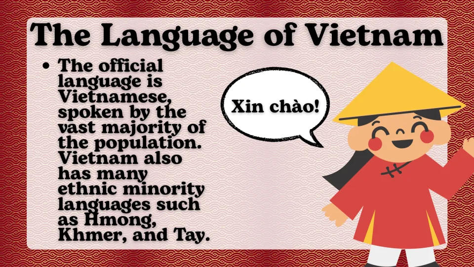 Vietnam language slide identifying Vietnamese as the official language and naming Hmong, Khmer, and Tay