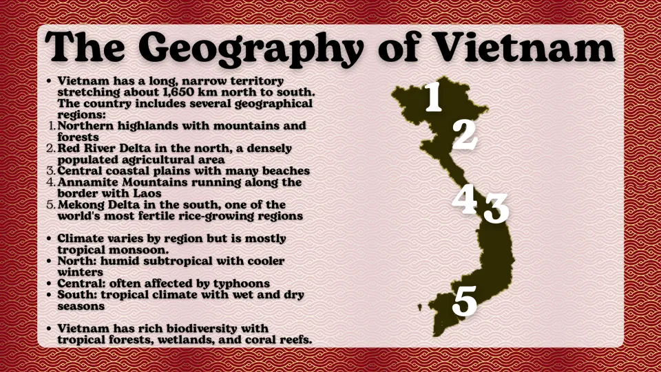 Vietnam geography slide describing five regions, regional climates, and biodiversity beside a numbered map