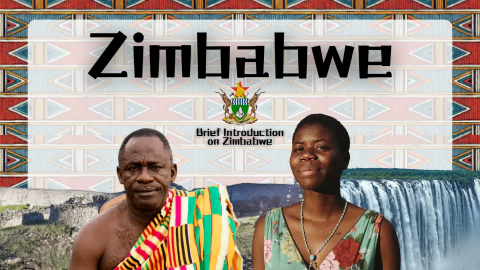 Zimbabwe title slide, Brief Introduction on Zimbabwe, with the coat of arms, two people, ruins and a waterfall