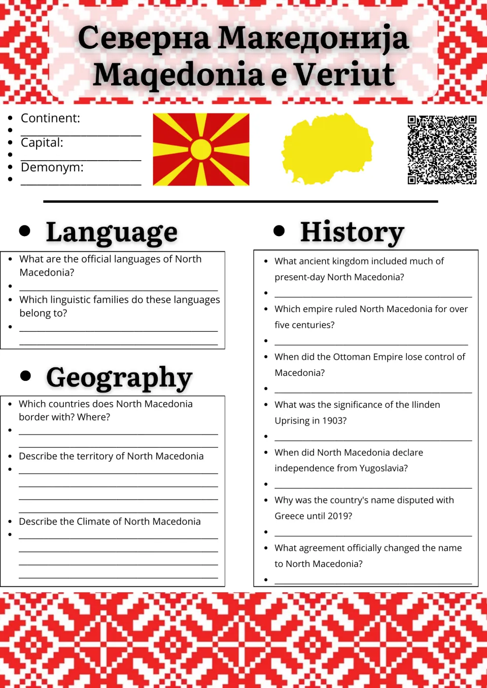 North Macedonia research: students note capital and demonym, then answer language, geography and history questions