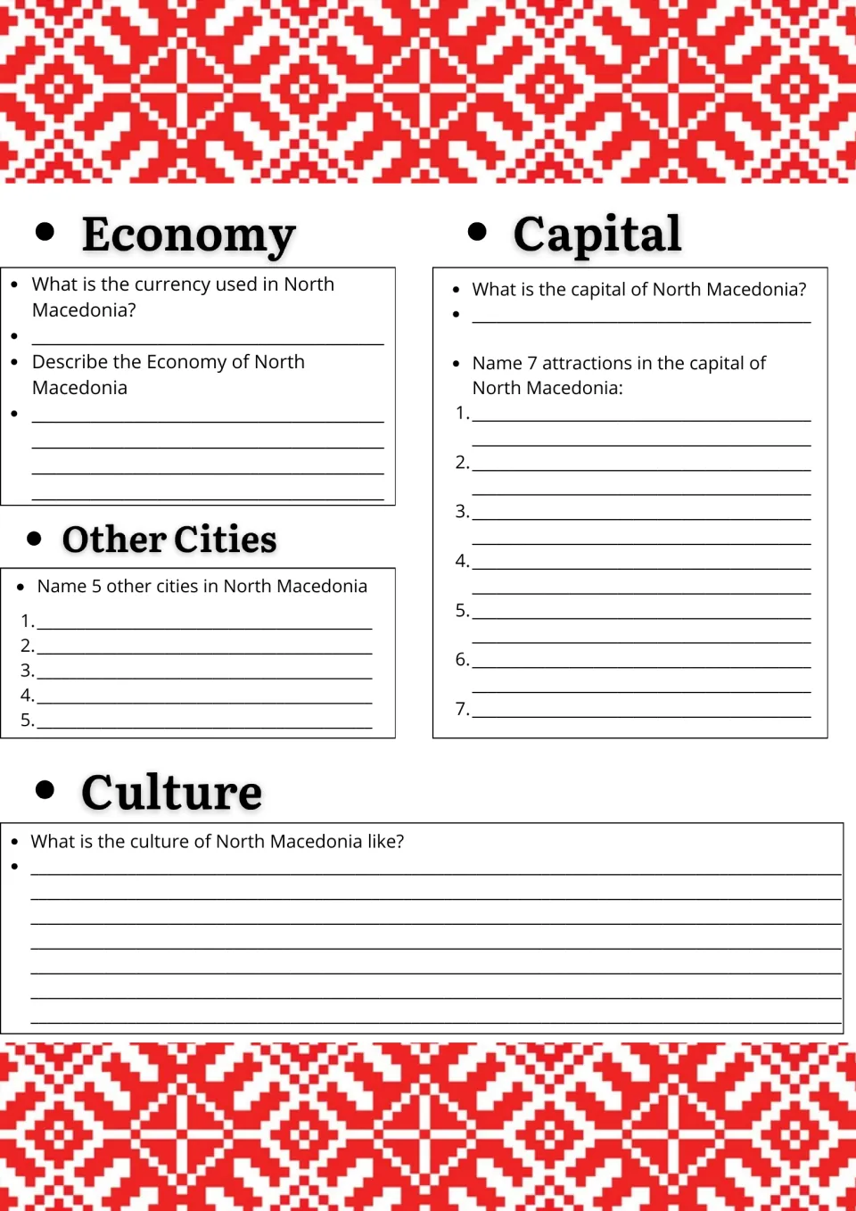 North Macedonia economy and culture: students research currency, list 5 cities and 7 attractions in the capital