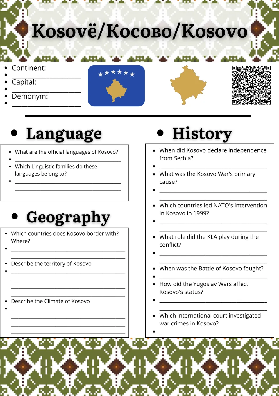 Kosovo research: students note capital and demonym, then answer language, geography and Kosovo War history questions