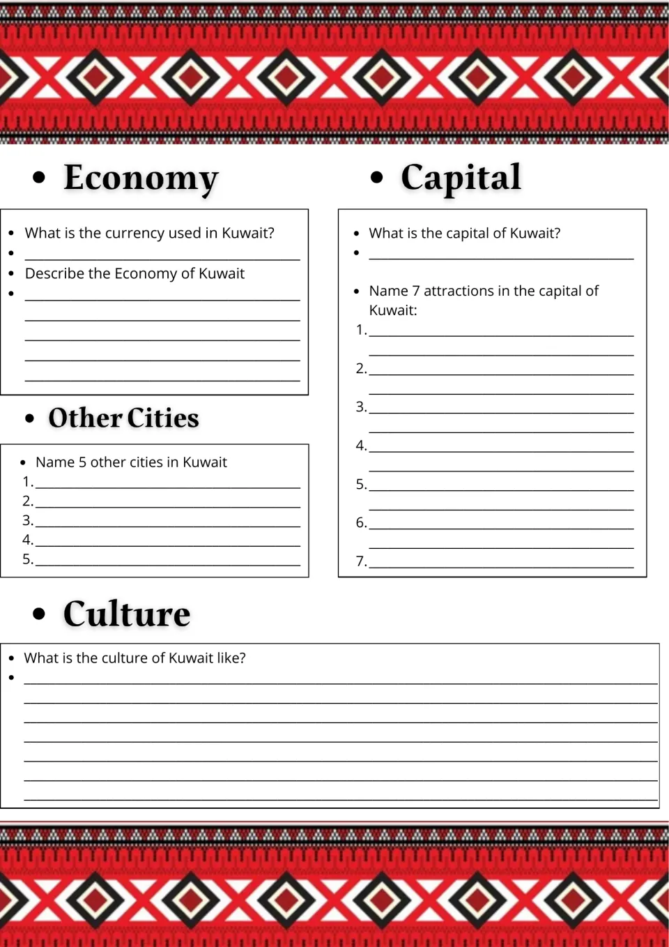 Kuwait research project, page 2: economy, seven capital attractions, five other cities, and culture prompts