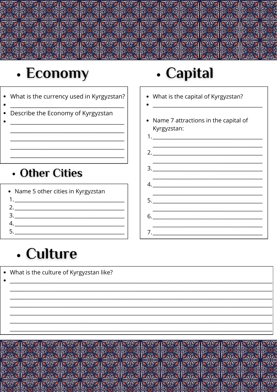 Kyrgyzstan economy, capital and culture: students name the currency, 5 other cities and 7 capital attractions