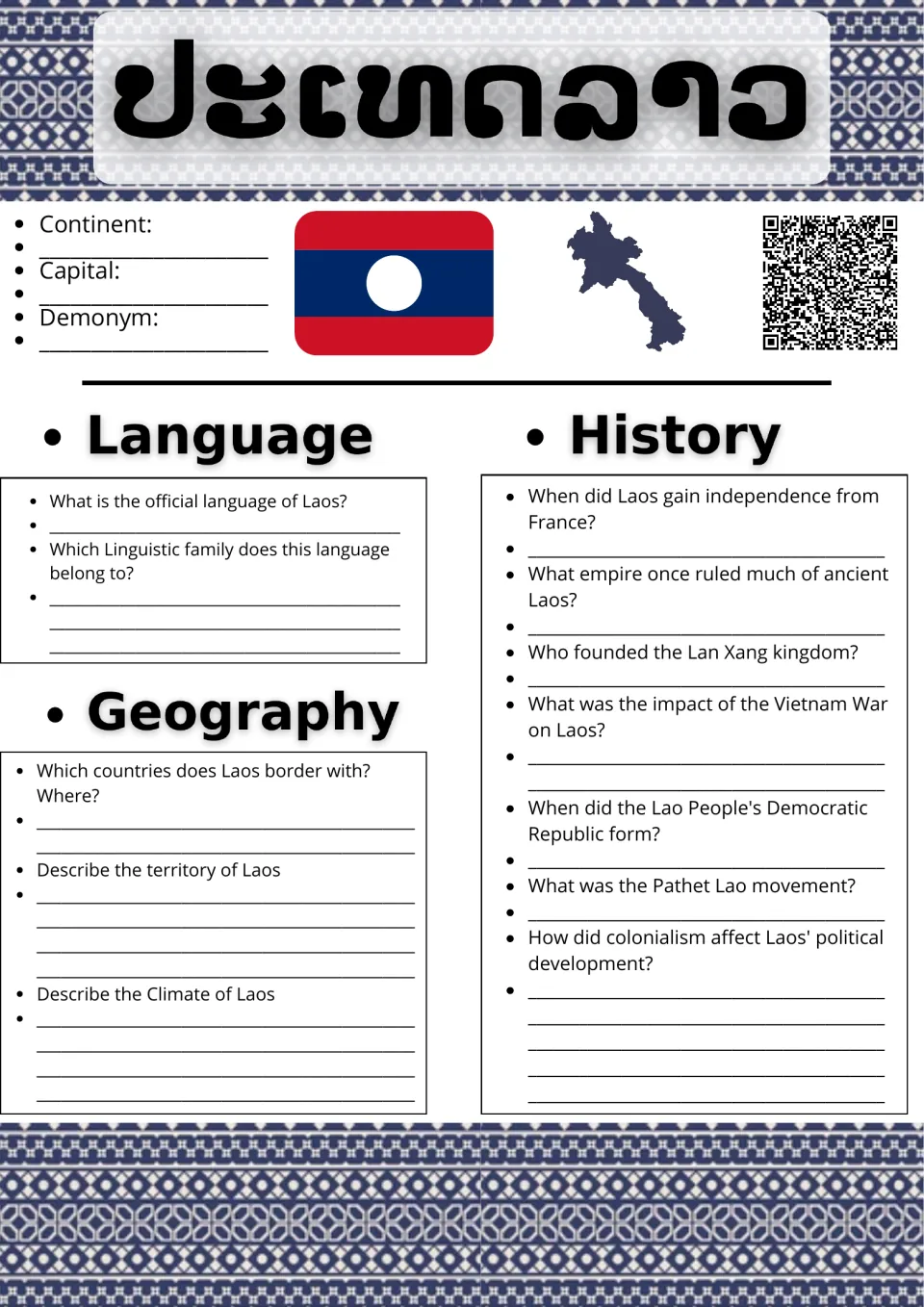 Laos country research: students note capital and demonym, then answer language, geography and history questions