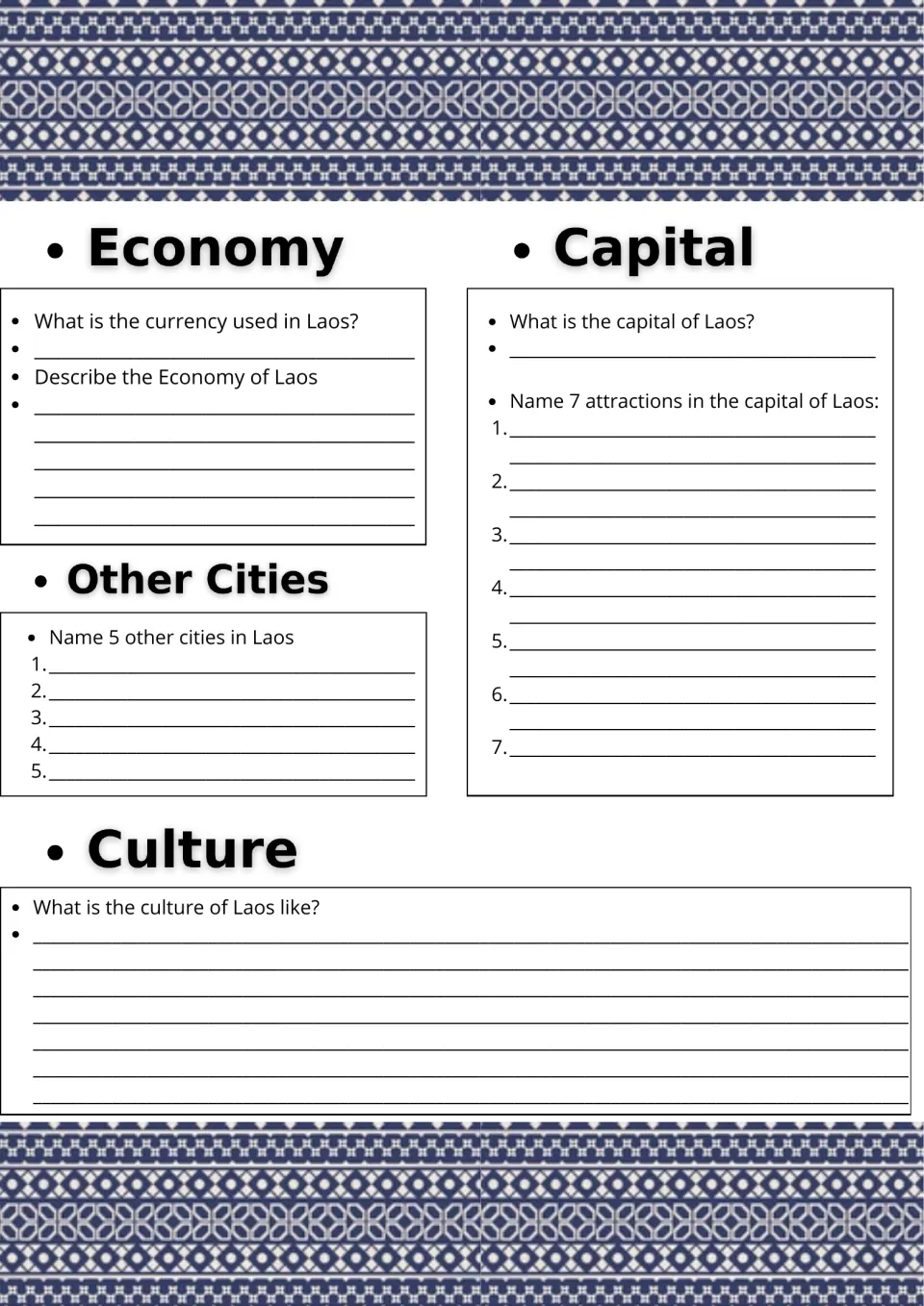 Laos economy and culture: students give the currency, list 5 cities and 7 capital attractions, and describe Lao culture