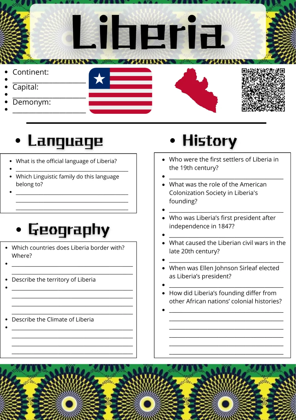 Liberia research: students record capital and demonym, then answer language, geography and history questions