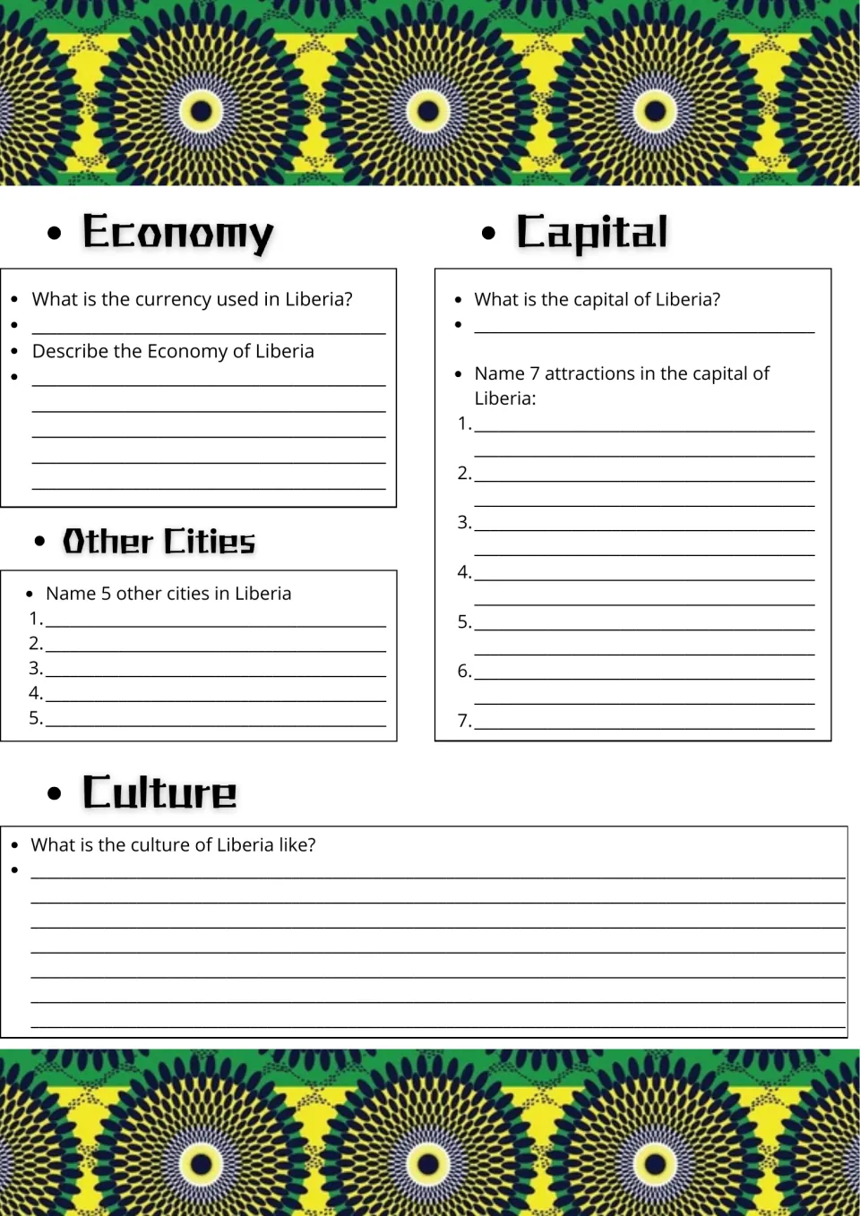Liberia economy, cities and culture: students name the currency, 5 other cities and 7 attractions in the capital