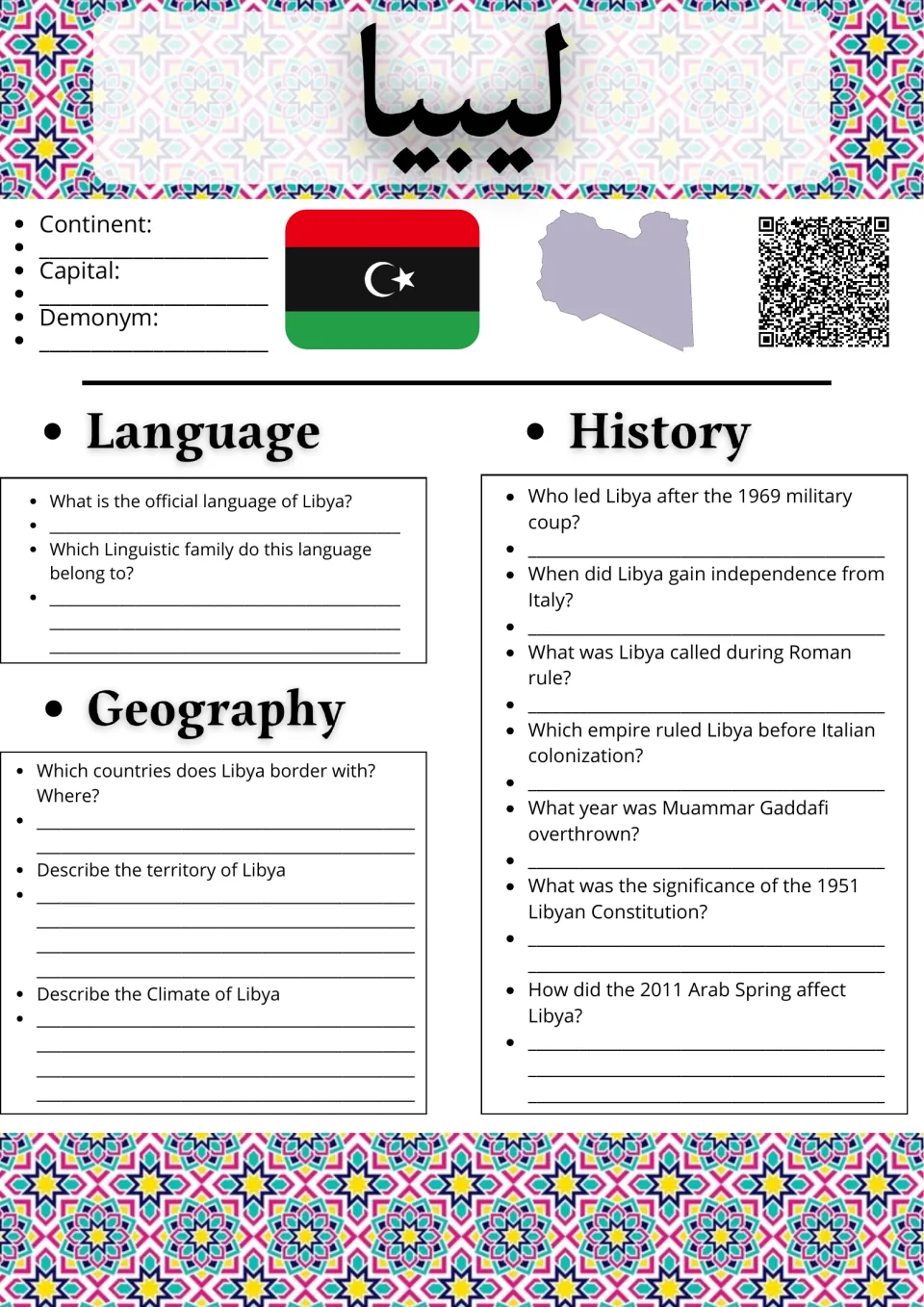 Libya research: students note continent, capital and demonym, then answer language, geography and history questions