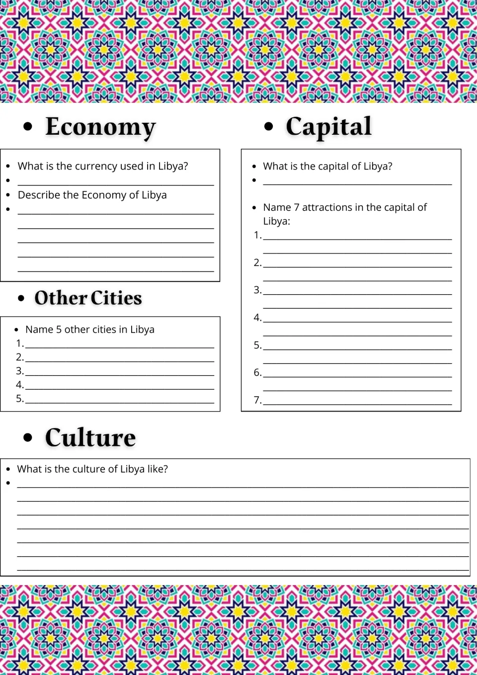 Libya economy, capital and culture: students name the currency, 7 capital sights and 5 other cities, then describe culture