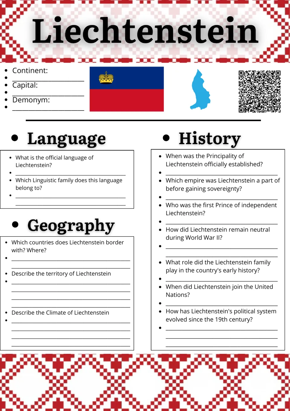 Liechtenstein research: students note continent, capital and demonym, then answer language, geography and history questions