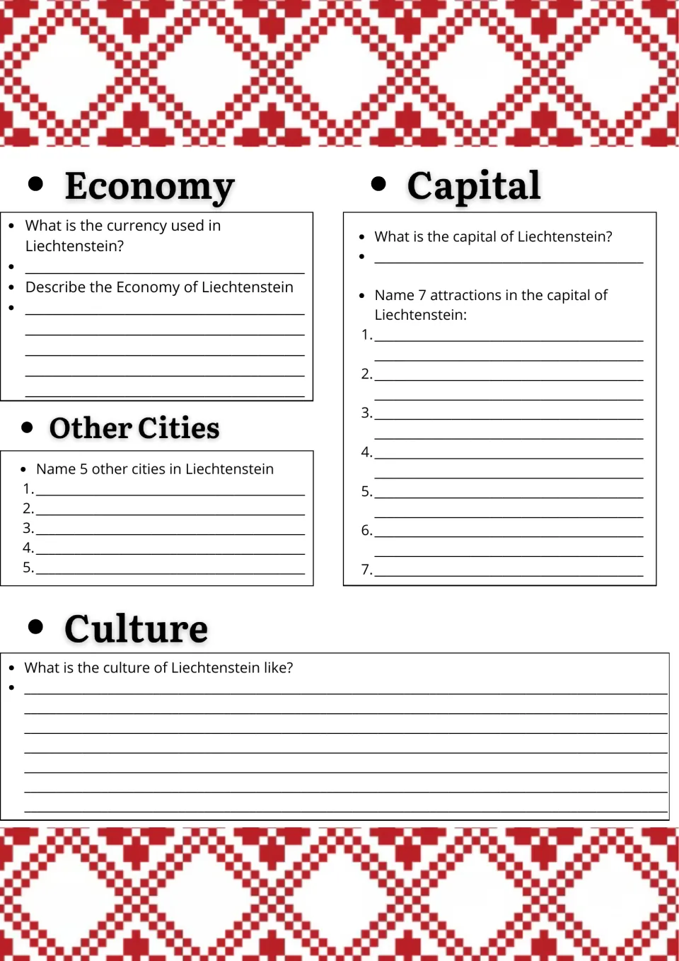 Liechtenstein economy and culture: students give the currency, name 5 other cities and 7 capital attractions