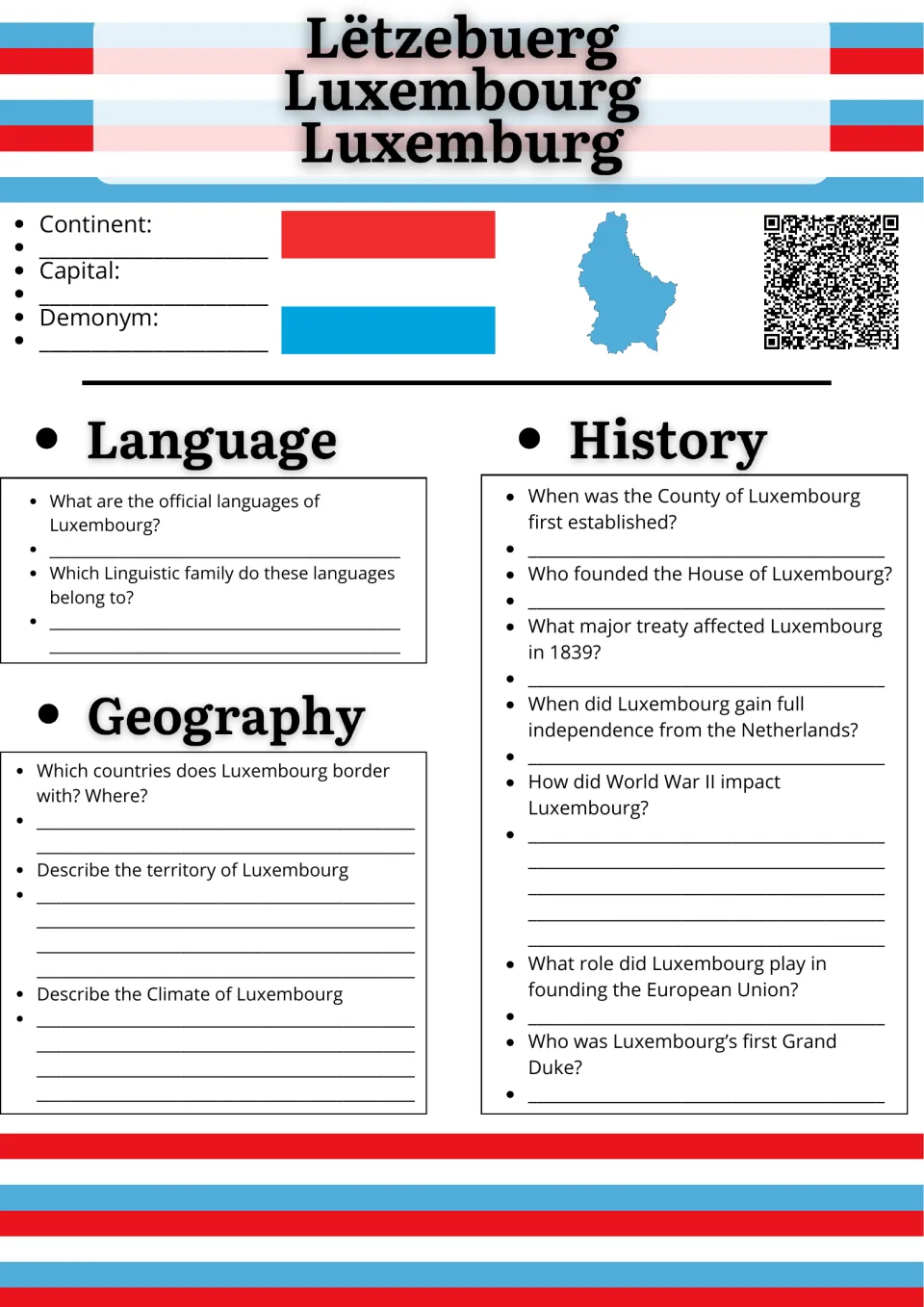 Luxembourg research: students note continent and capital, then answer language, geography and history questions