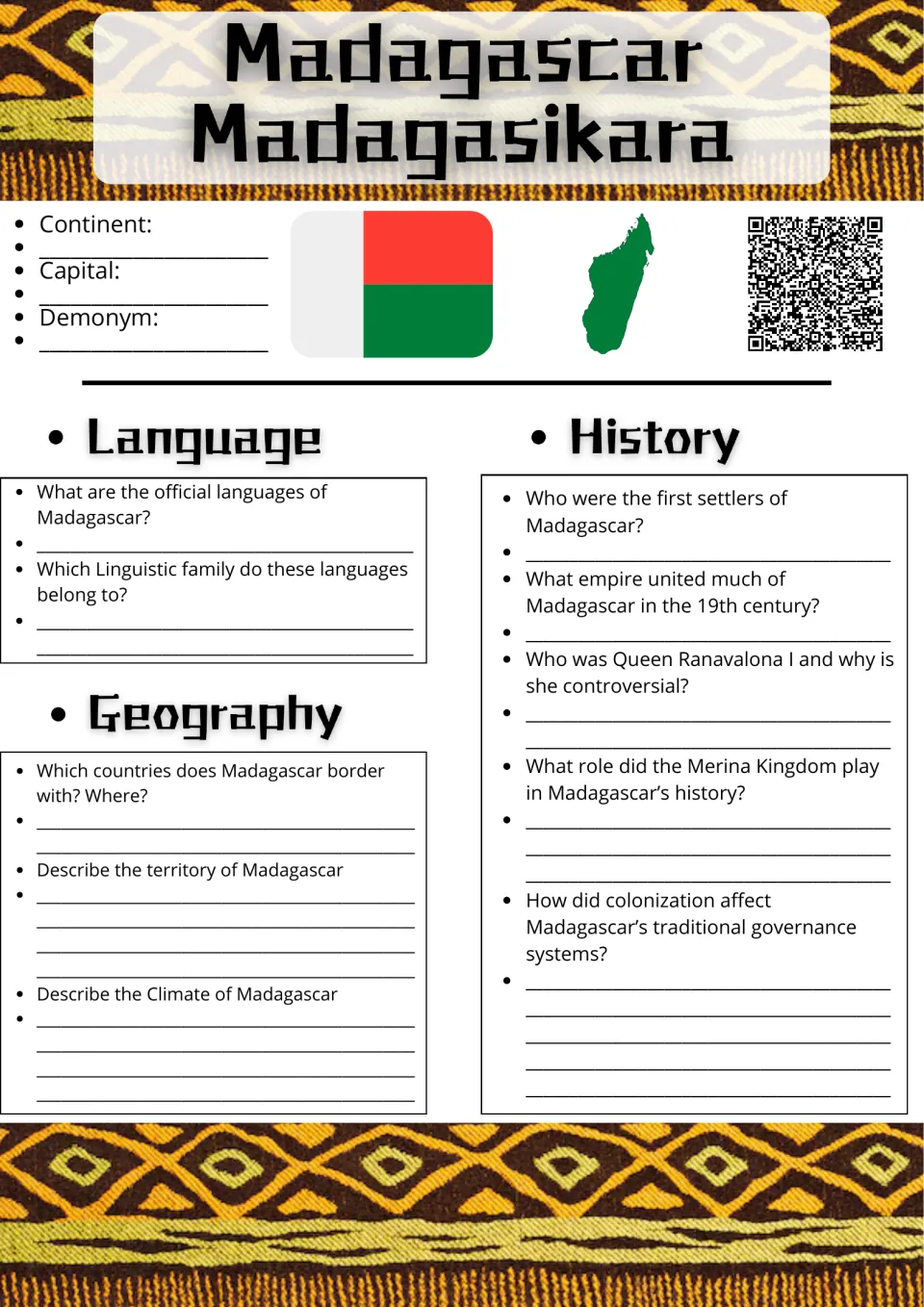 Madagascar research: students note continent and capital, then answer language, geography and Merina history questions