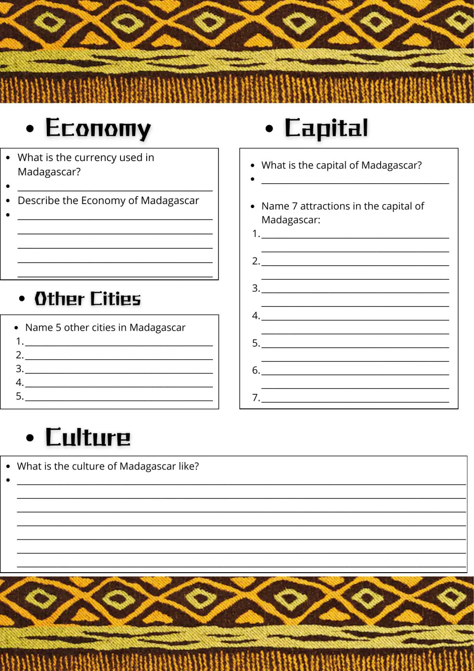 Madagascar economy and culture: students name the currency, 5 cities and 7 capital attractions, then describe the culture