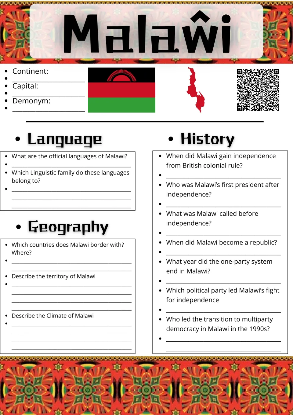 Malawi country research page 1: continent, capital, demonym, languages, geography, and independence history